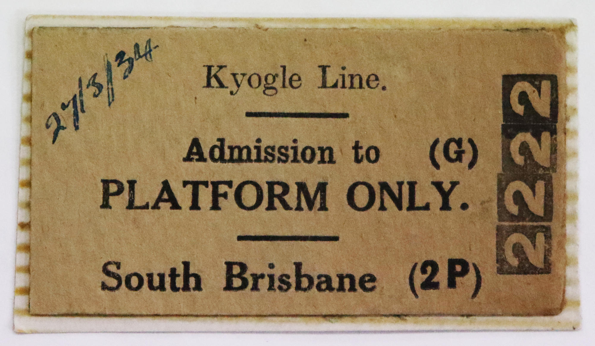 Ticket Platform ticket South Brisbane Kyogle Line; R19063