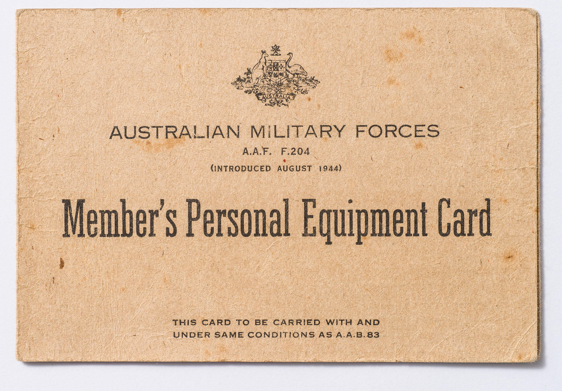 Equipment Card, Australian Military Forces; H29869 Queensland Museum